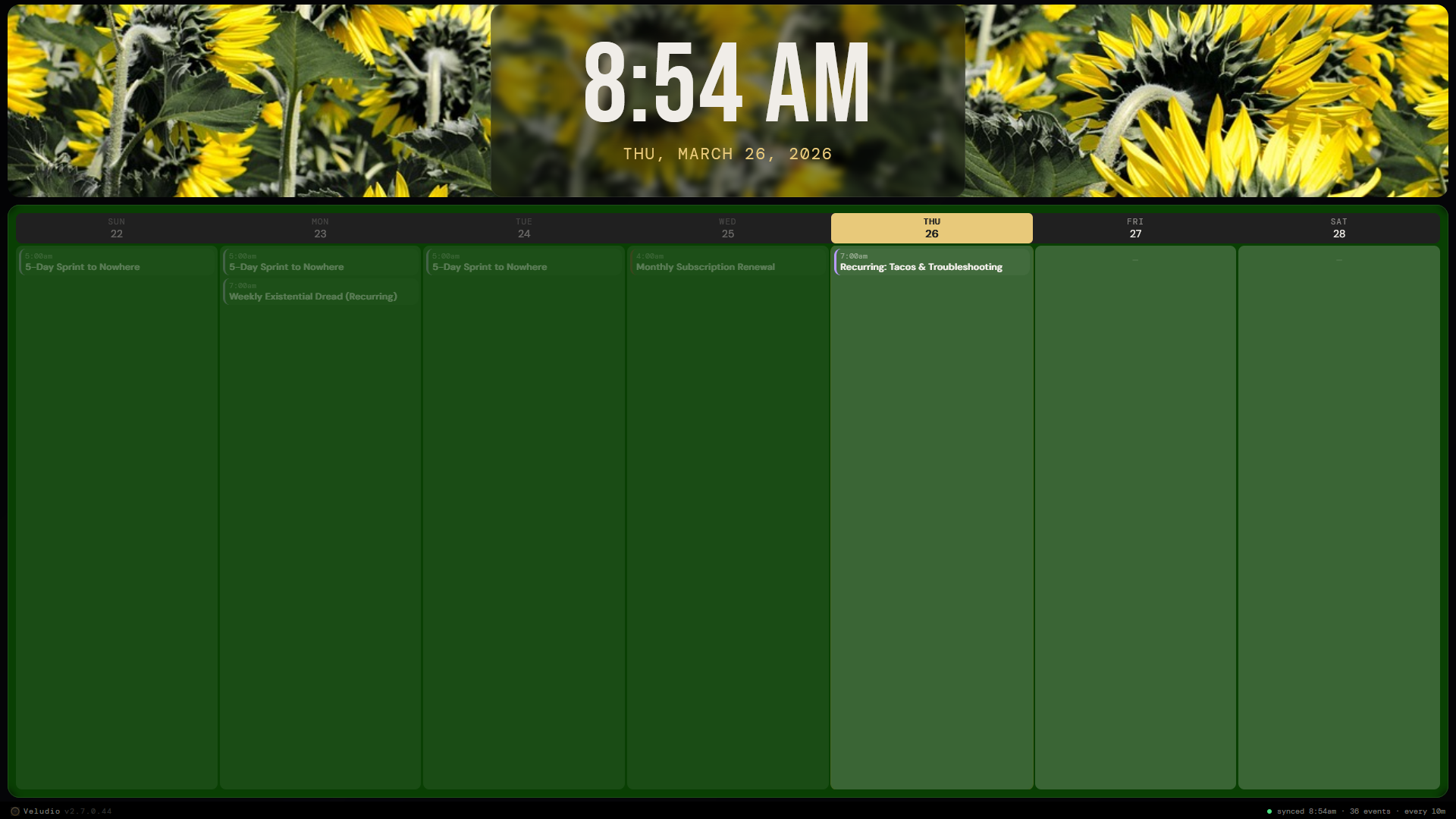 Veludio agenda view with sunflower background