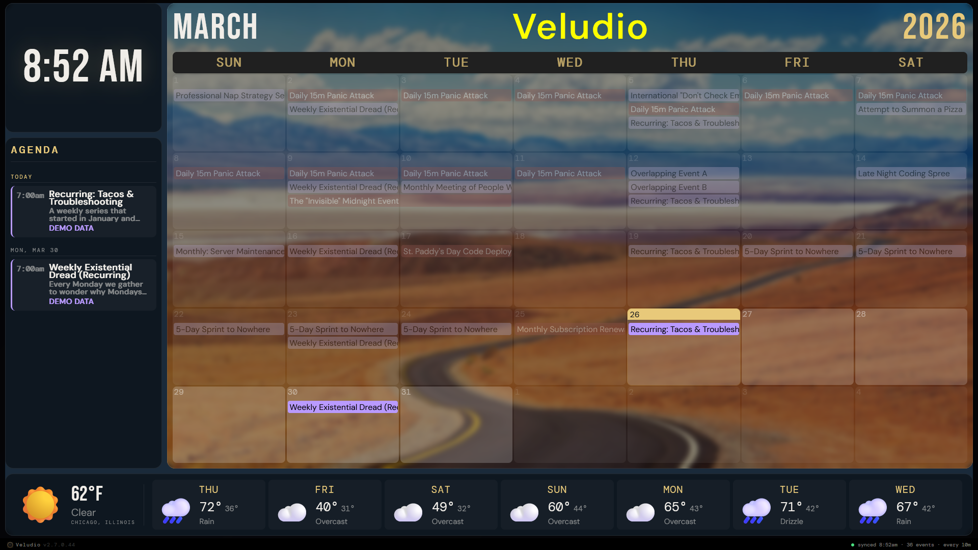 Veludio monthly calendar view with weather and beach background